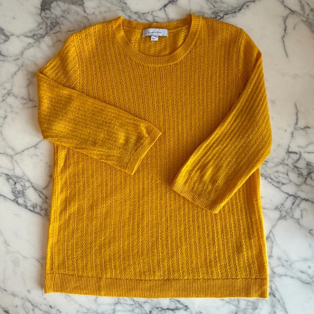 EUC Vtg KAREN WALKER 100% Cashmere Open Weave 3/4 Sleeve Sweater 6 Yellow Gold - Picture 4 of 14